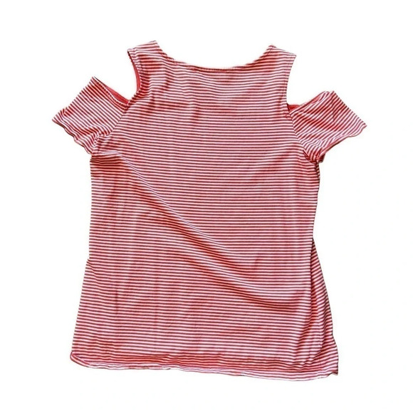 Michael Kors Cold Shoulder Top Women’s Medium Striped Coral EUC Short Sleeves - Picture 2 of 6